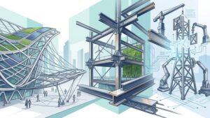 Современная 3D-иллюстрация футуристических металлоконструкций, демонстрирующая архитектурные тренды в проектировании зданий 2026 года